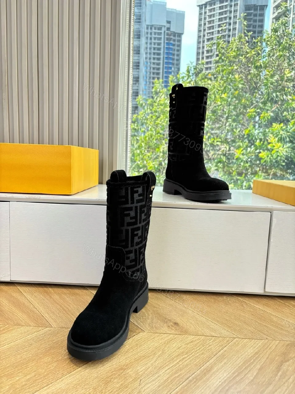 View 8 of Black Suede Boots with Monogram Pattern Mid-Calf Luxe Comfort