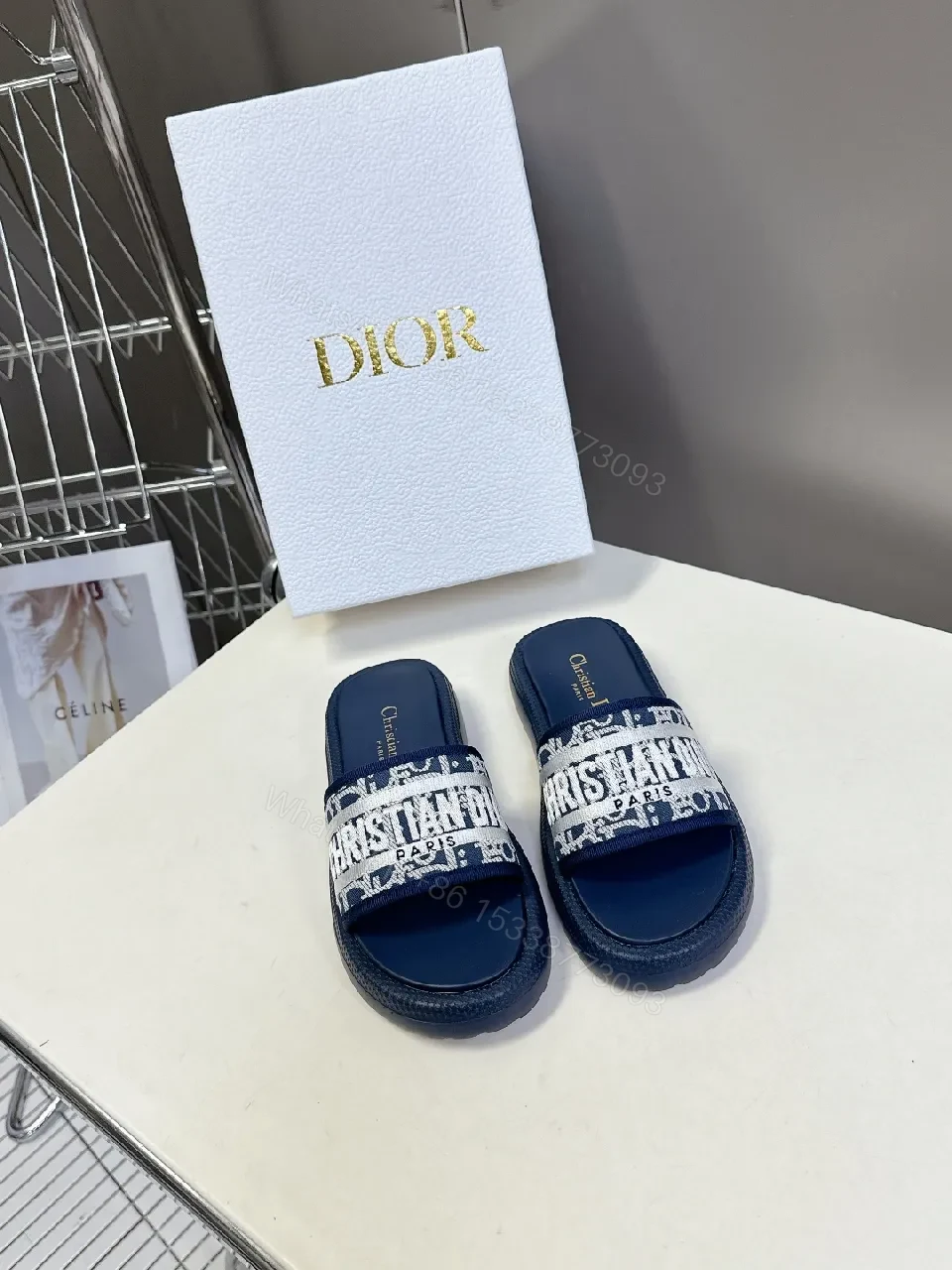 View 4 of Textured Navy Slides: Wide Logo Strap, Elevated Comfort