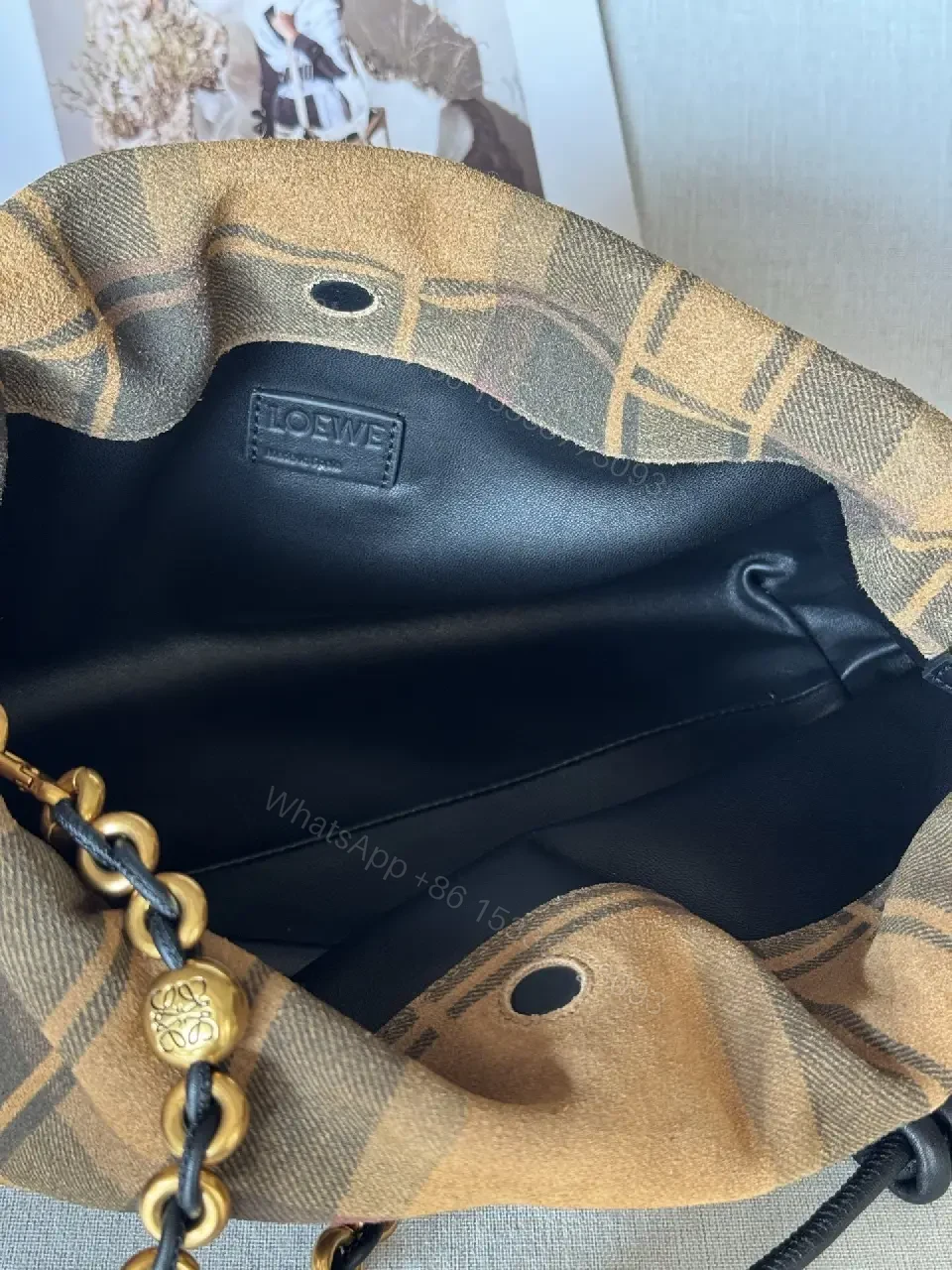 View 7 of Brown Plaid Leather-Trim Shoulder Bag with Chain Detail