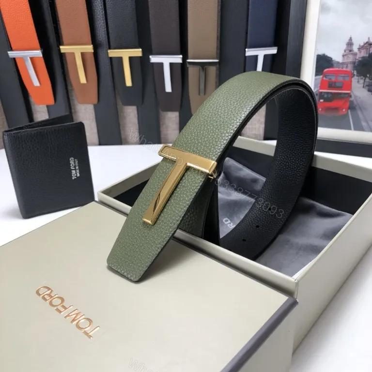 View 3 of Olive Pebbled Leather Belt â€” Bold Gold Buckle, Tom Ford