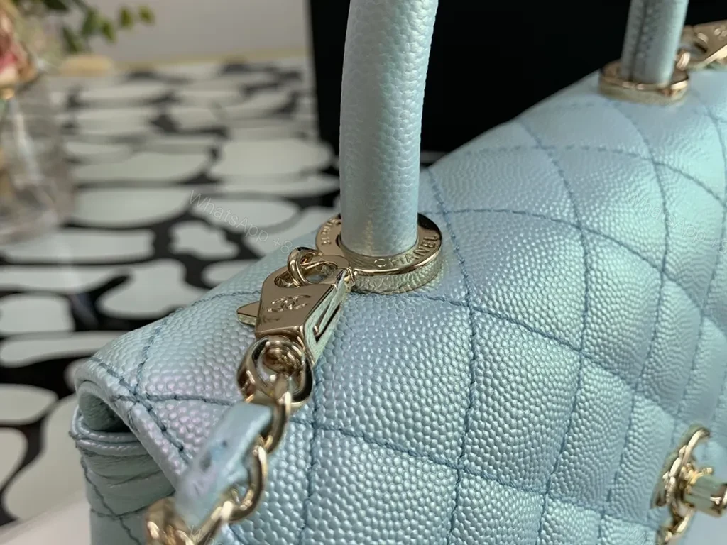 View 9 of Pastel Blue Quilted Bag with Gold CC Accents - Luxe Compact Purse