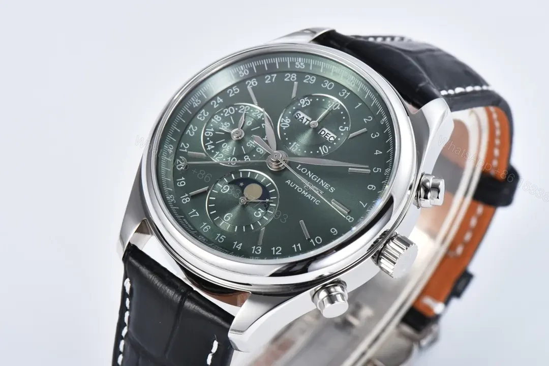View 5 of Longines Master Collection Moon Phase Chronograph Watch Silver Case Black Leather Strap Green Dial Classic Elegant Style