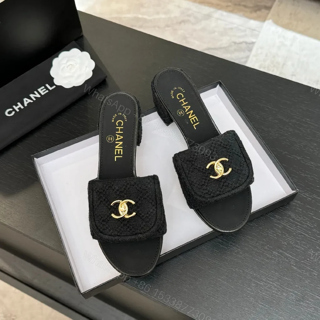View 7 of Black Textured Slip-Ons with Gold Logo Hardware, Open-Back Slide