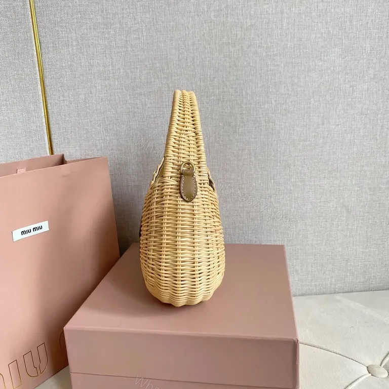 View 6 of Natural Raffia Monogram Handbag â€“ Miu Miu Inspired, Compact Chic