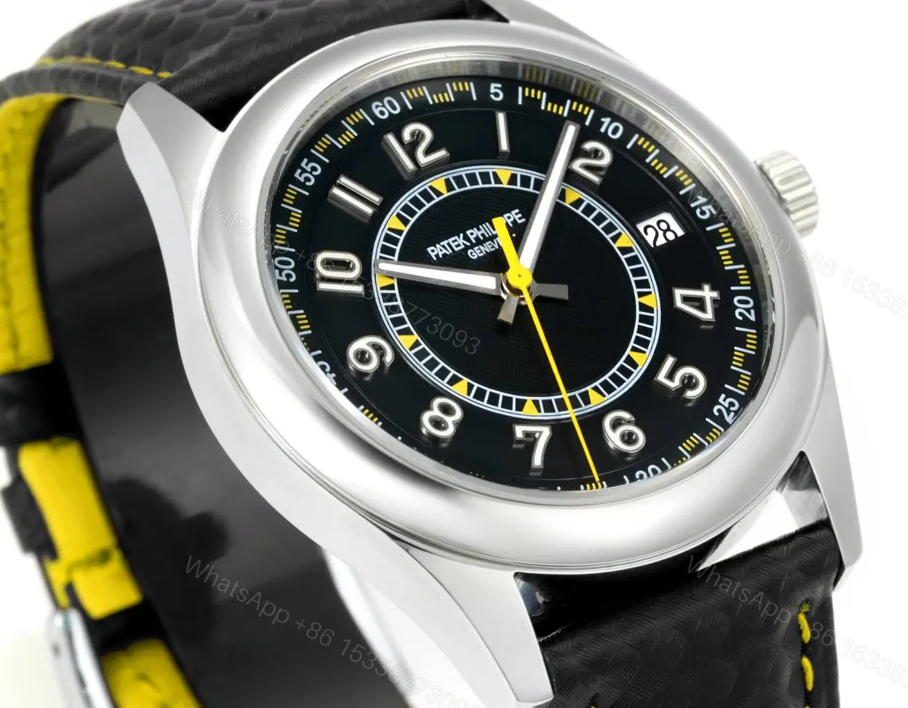 View 4 of Patek Philippe Calatrava Black Dial Stainless Steel Watch with Black Leather Strap Yellow Accents