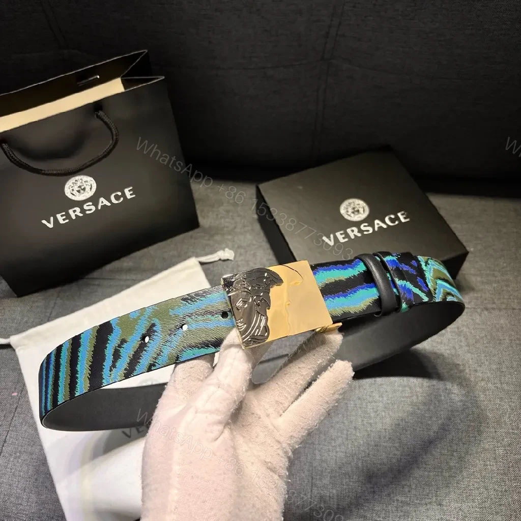 View 5 of Teal-Sapphire Striped Leather Belt with Brushed Buckle