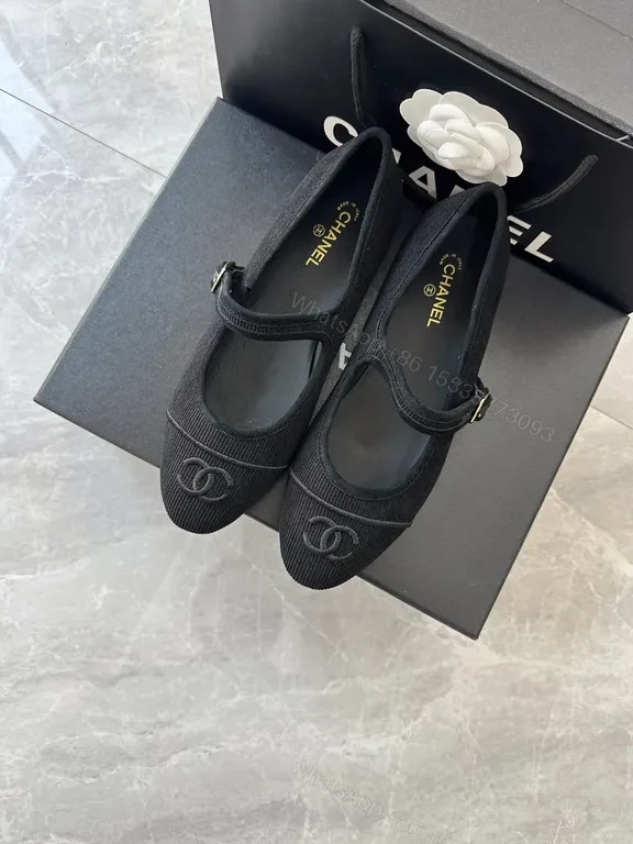 Chanel-Inspired Black Knit Ballet Flats with Crest — view 1