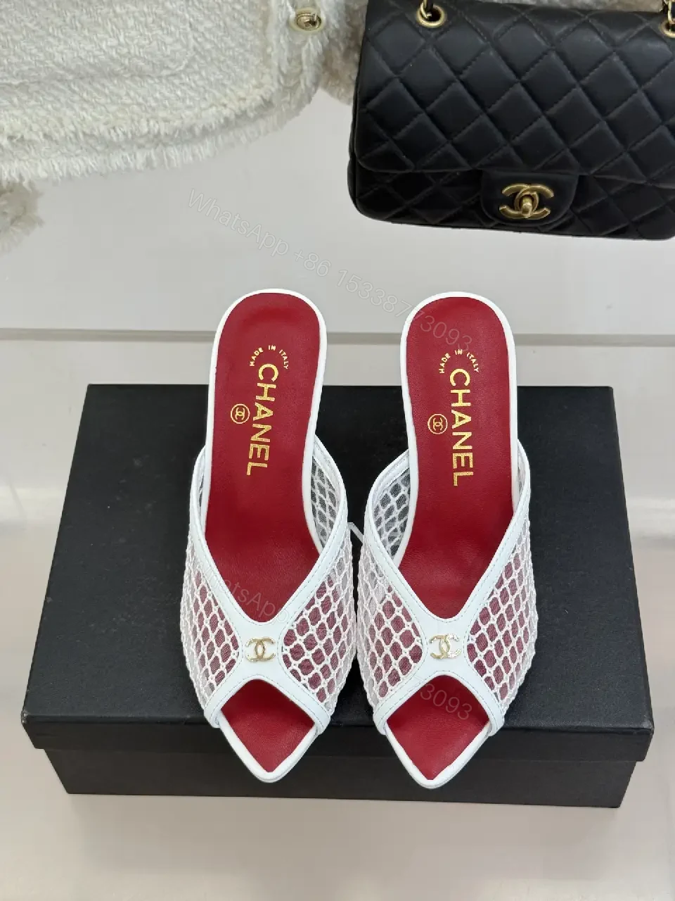 View 6 of White Mesh Leather Mule Heeled Slide Sandals