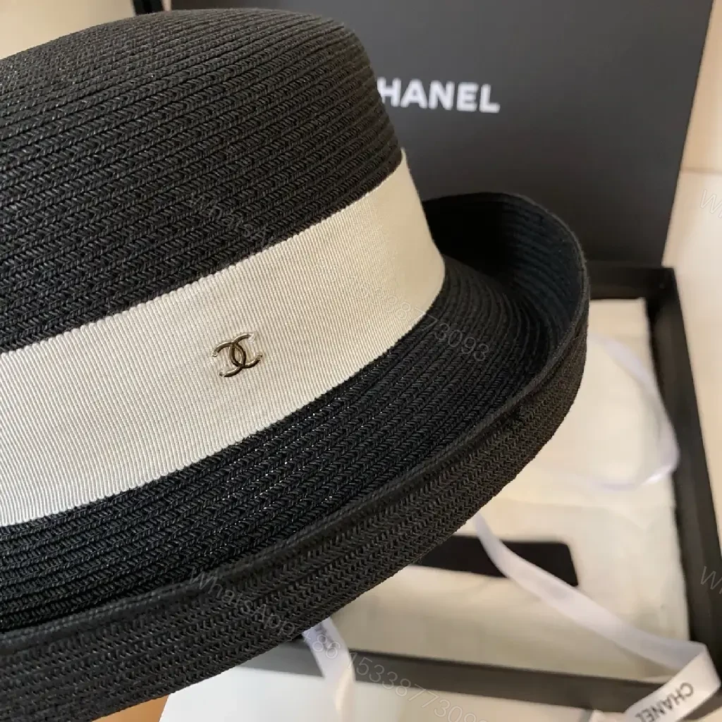 View 5 of Black Straw Fedora Hat with Beige Band Chanel Logo - Classic Style