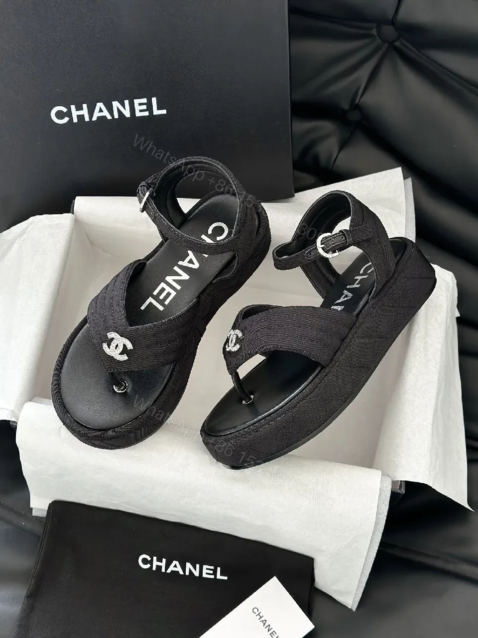 View 5 of Lux Black Sandals • Textured Upper • Logo Strap Luxe Comfort