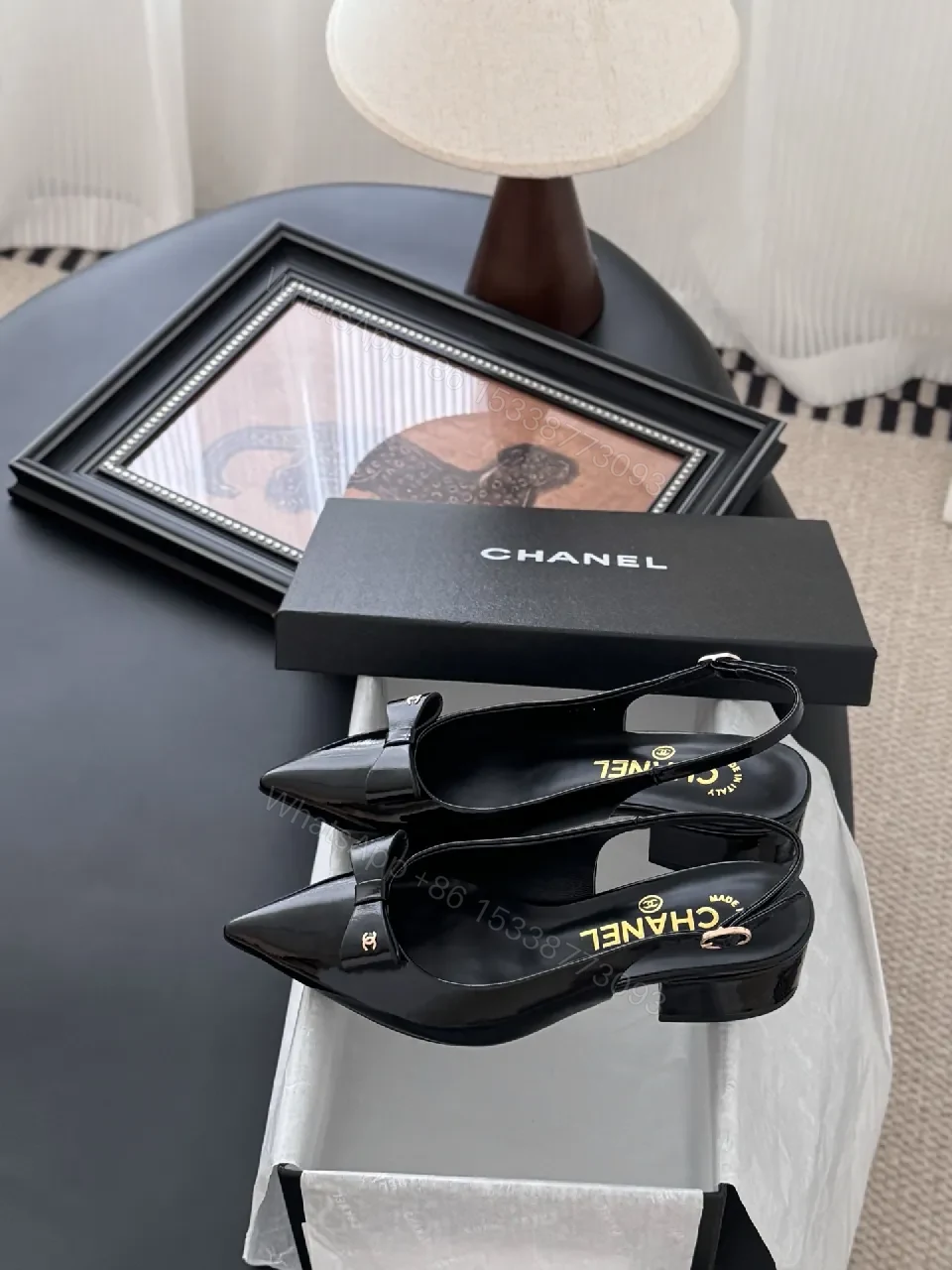 View 4 of Black Patent Slingbacks with Bow Detail - Low Block Heel, Pointed Toe, Slingback Strap
