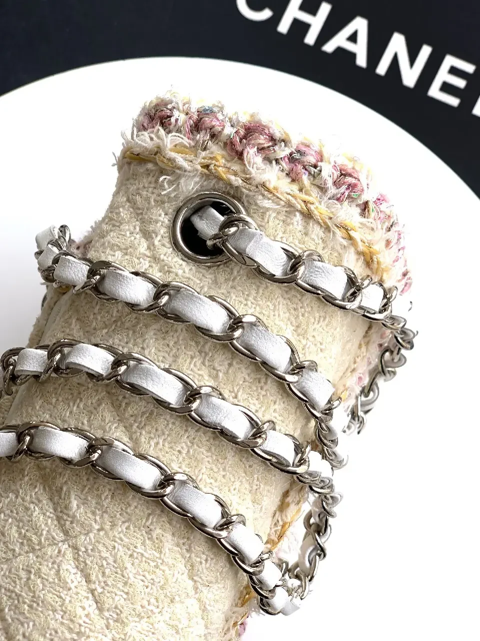 View 6 of Quilted Mini Bag: Ivory-Texture Couture, Floral Edge, Chain