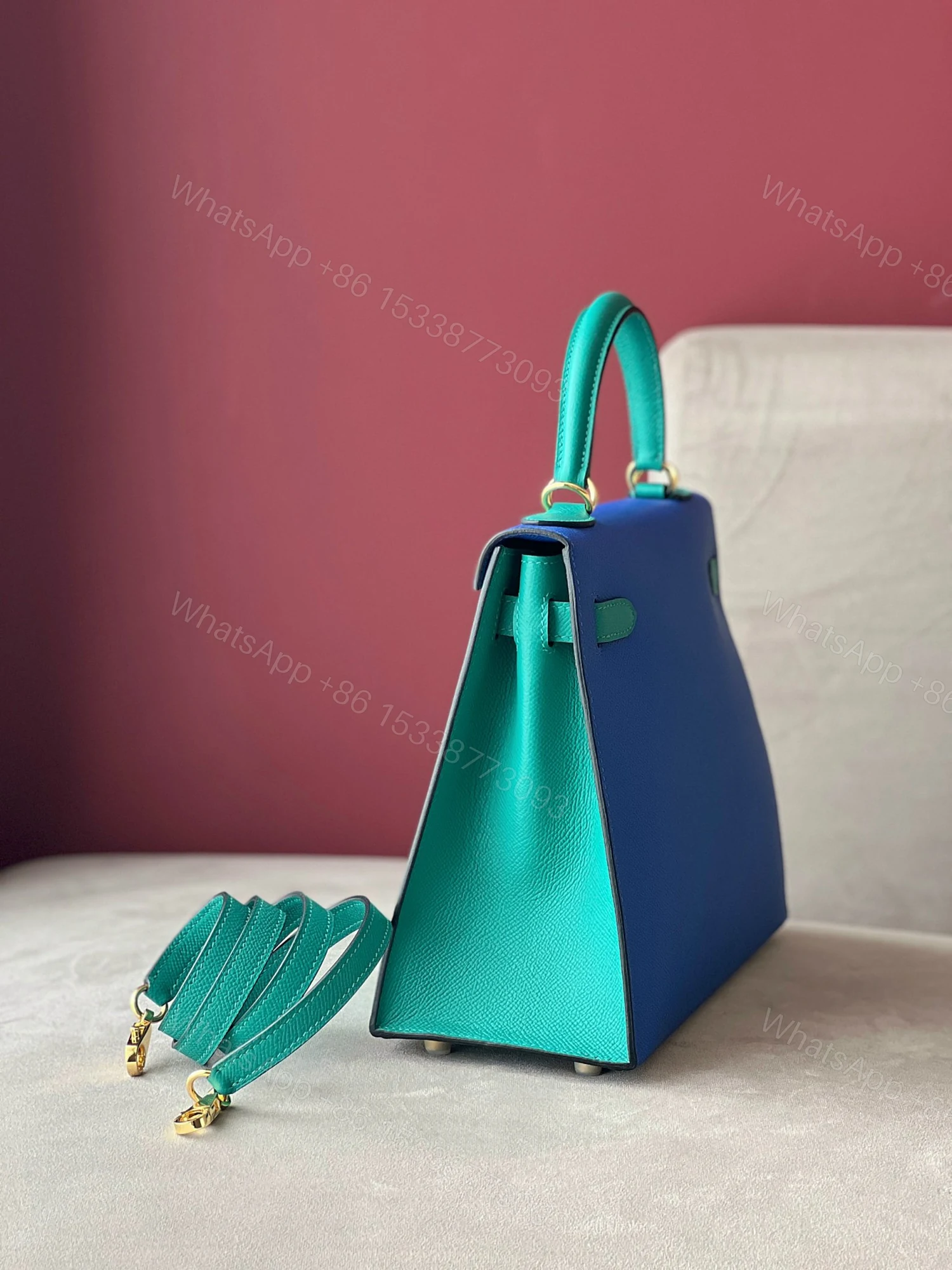 View 4 of Hermes Kelly 28 Epsom Light Blue/ Electric Blue Palladium Hardware