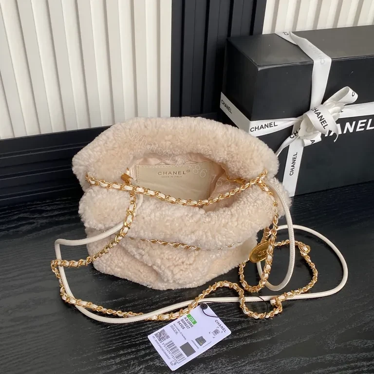 View 8 of Cream Sherpa Mini Bag with Gold Chain - Chanel-Inspired Luxe