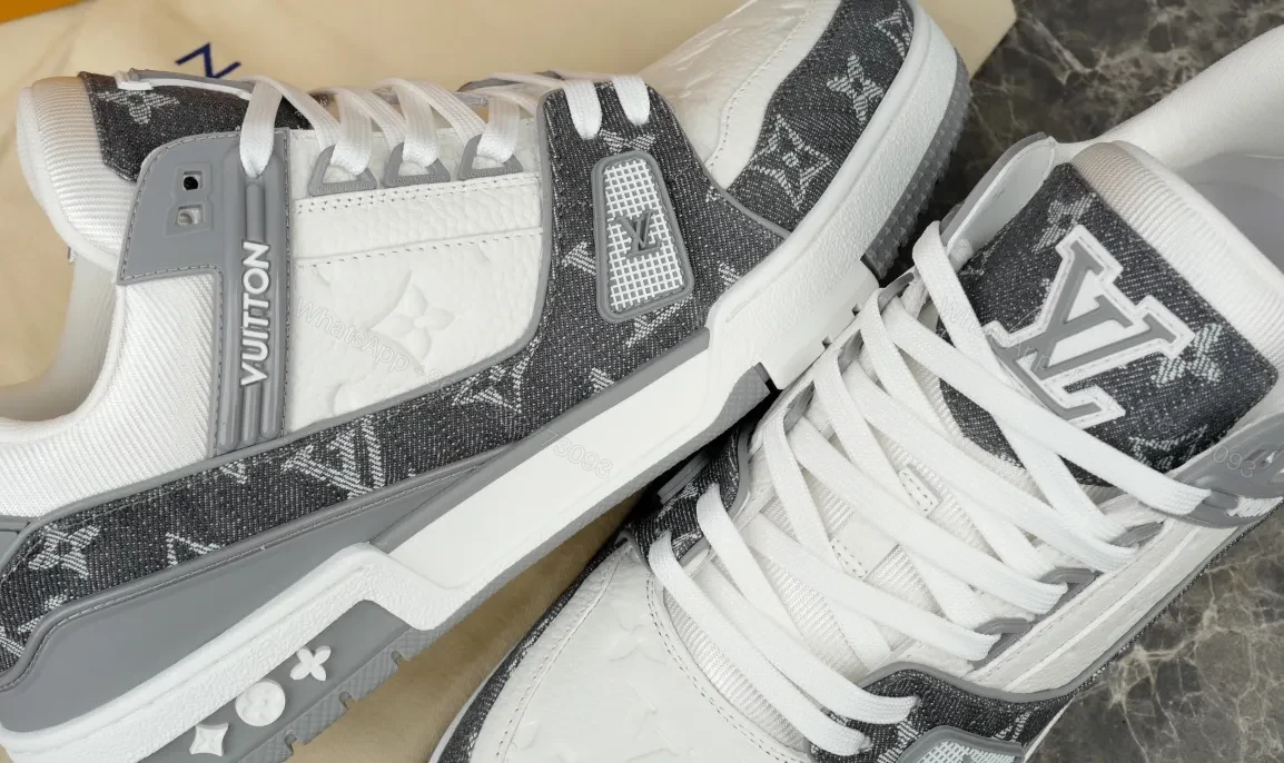 View 3 of White Leather Gray LV-Style Modern Sneaker with All-Day Comfort