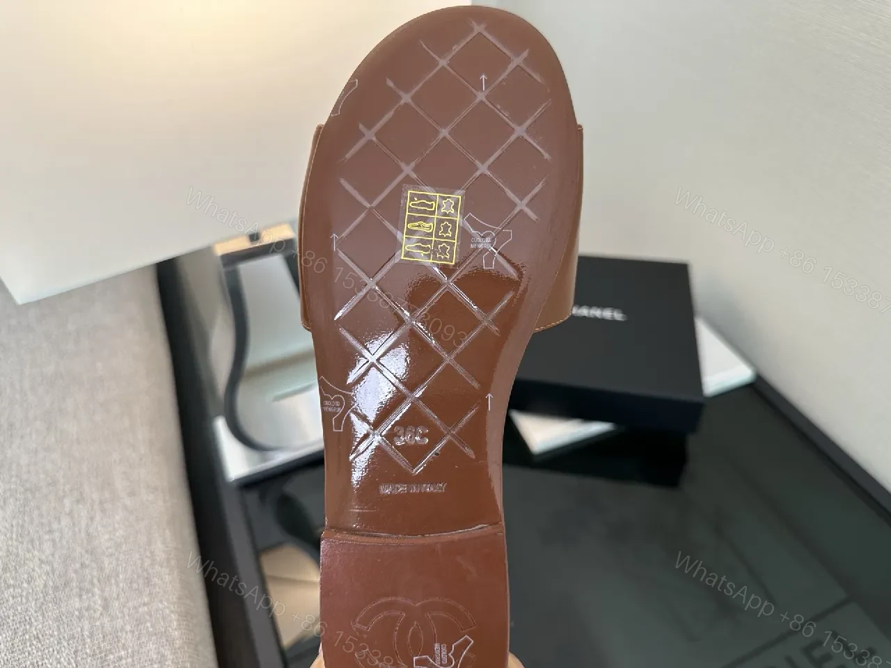 View 2 of Brown Quilted Sandals with Gold Logo, Open-Toe Slip-On, Luxury Style