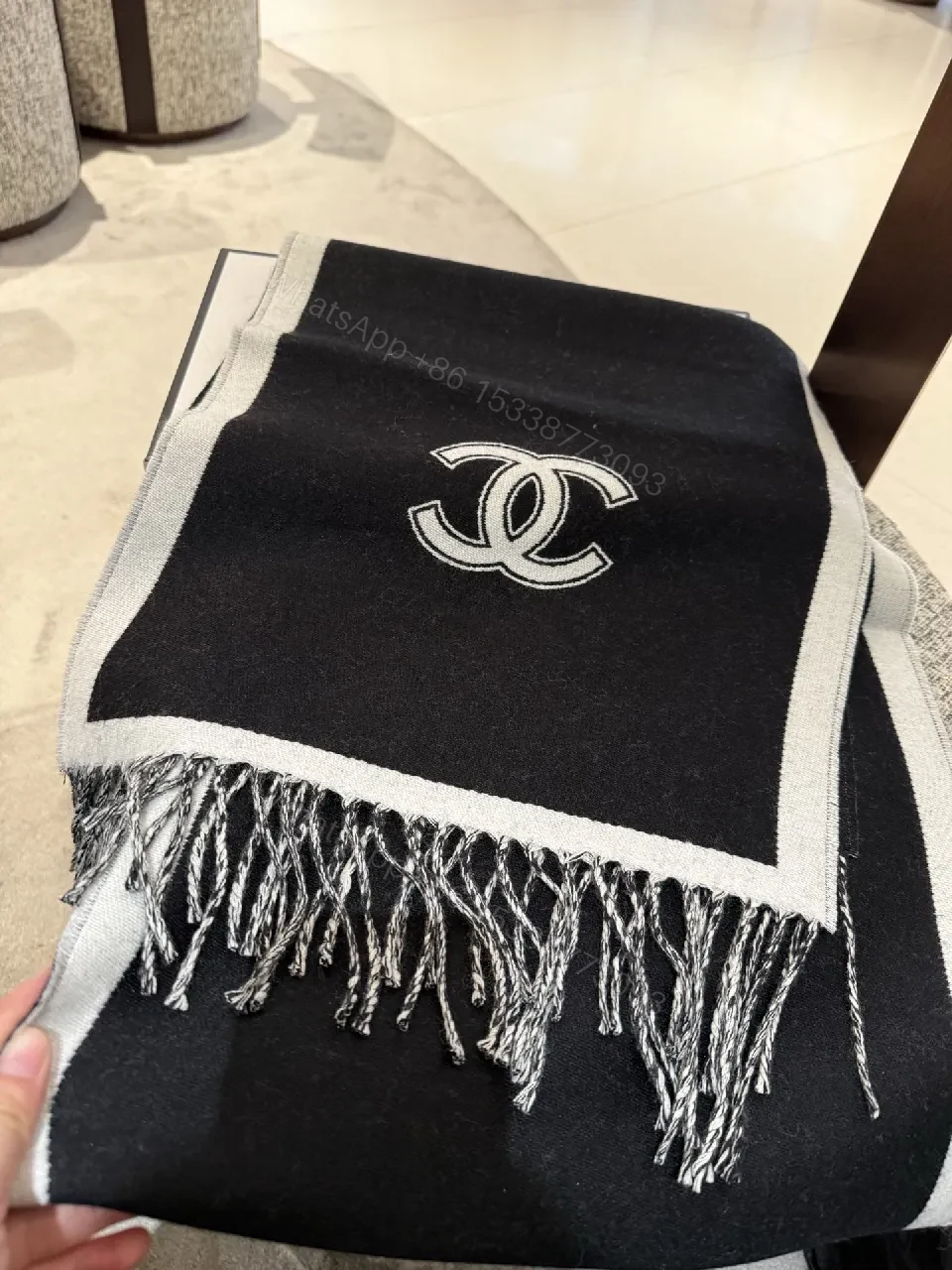 View 10 of Monochrome Knit Scarf: Two-Tone Luxe, Fringed Edge, Logo Motif