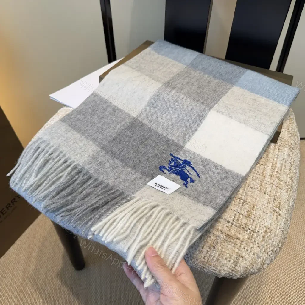 View 10 of Soft Gray Plaid Wrap Scarf – Luxury Knit Wrap with Fringe