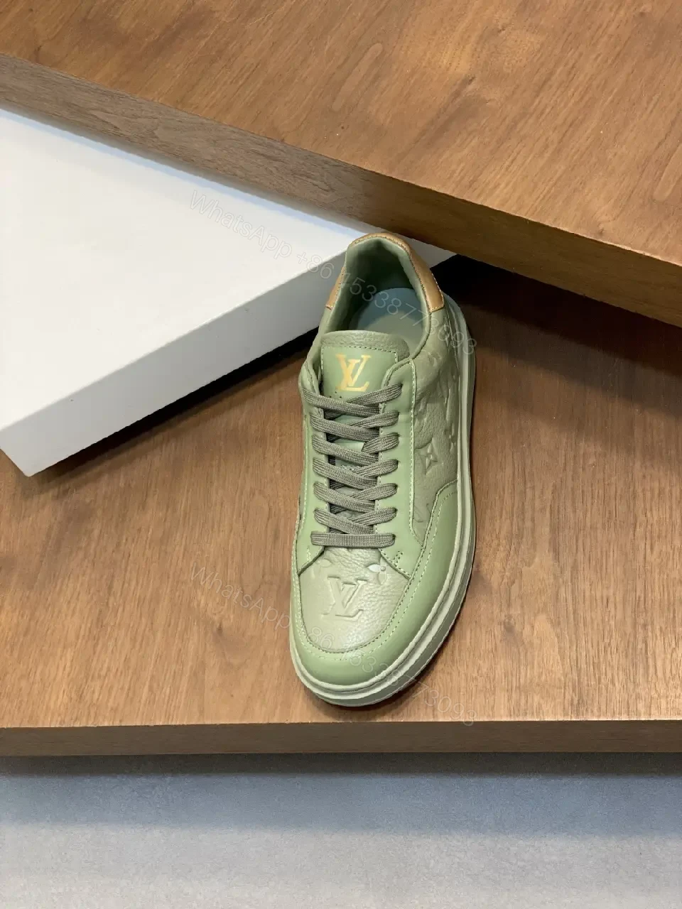View 3 of Green Leather Sneaker: Subtle Monogram, All-Day Comfort, Modern Style