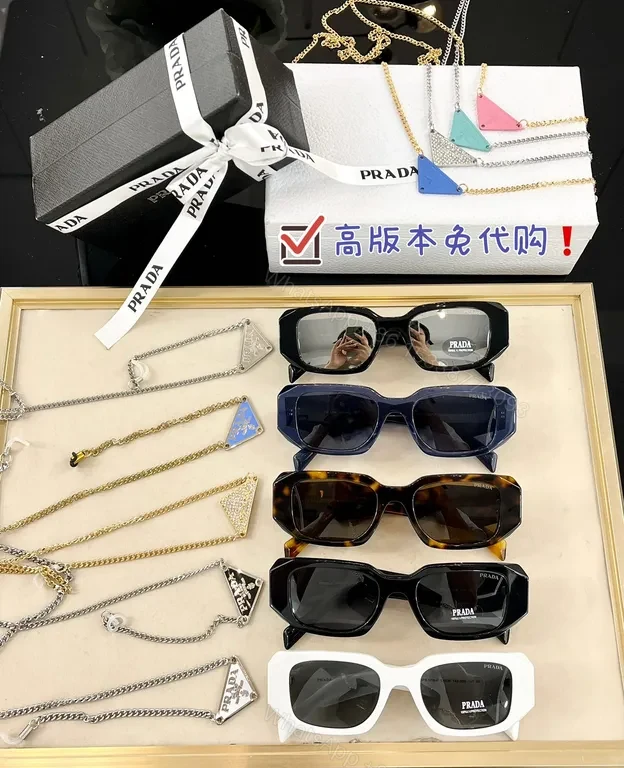 View 9 of Bold Navy Prada Sunglasses: Square Frames, Gold Chain Accent