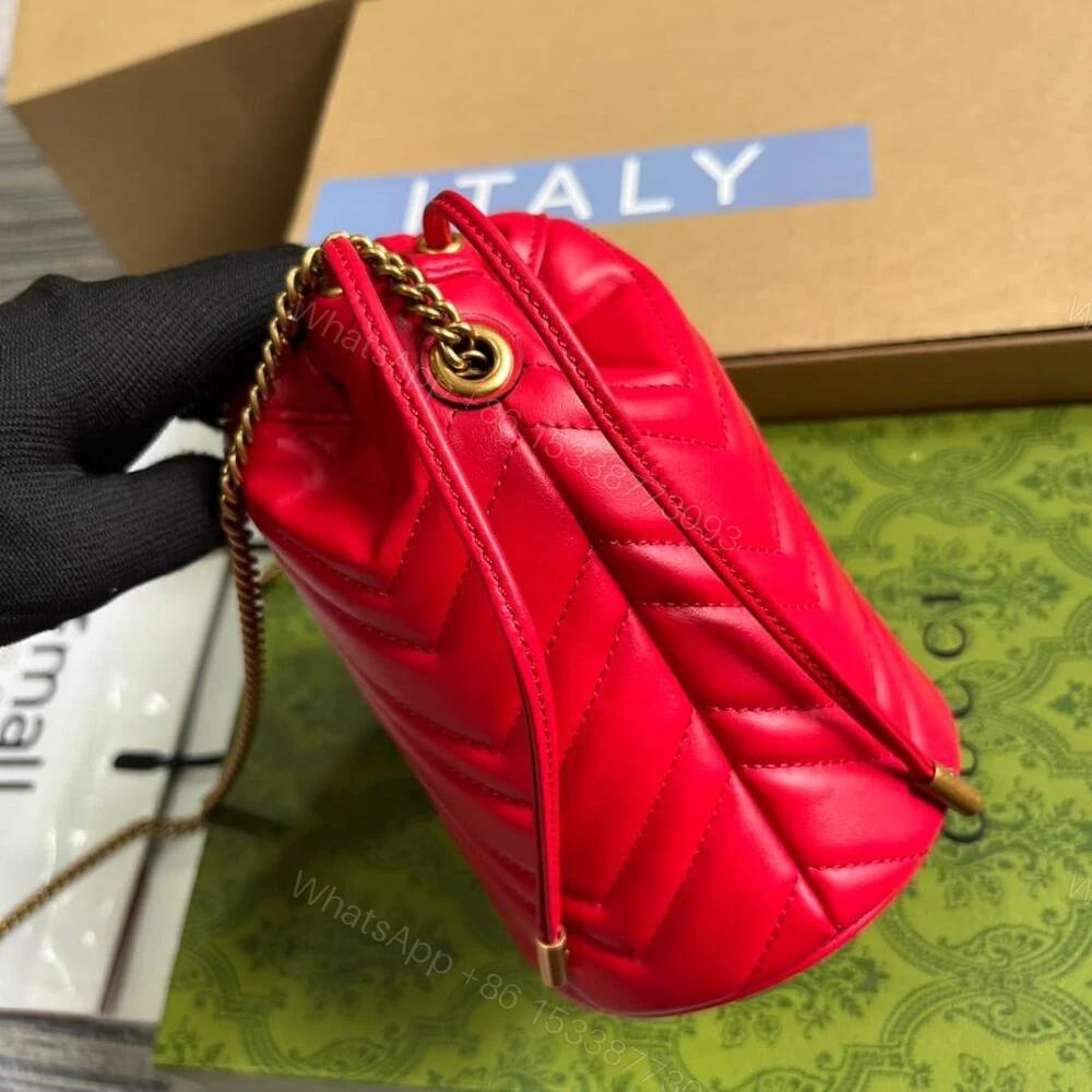 View 3 of Gucci GG Marmont Matelassé Chevron Mini Bucket Bag Red 13Cm 575163 DTDHT 6832