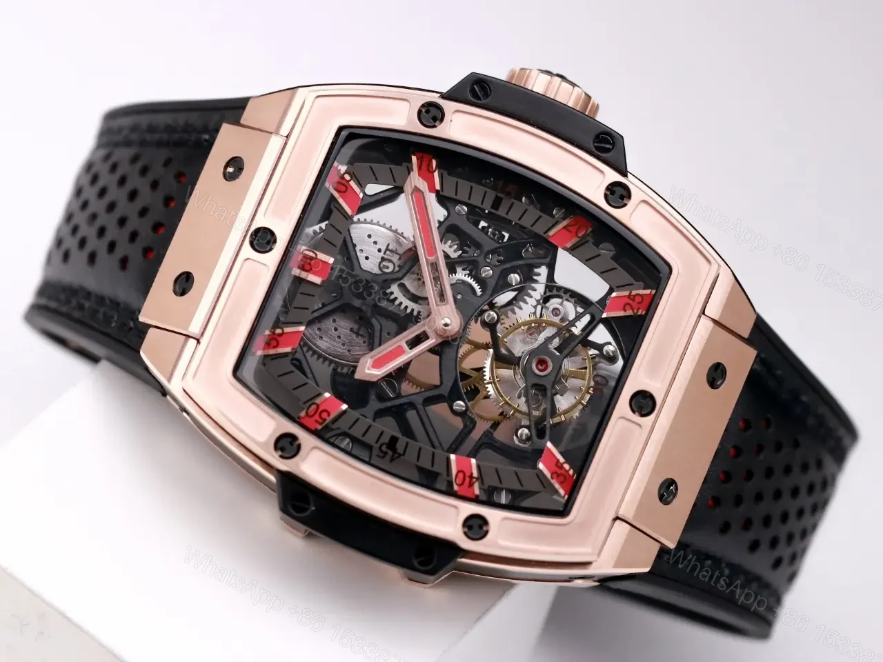 View 4 of Hublot Masterpiece Series 906 Tourbillon Watch Rose Gold/Platinum Black Leather Strap with Red Accents Sapphire Crystal