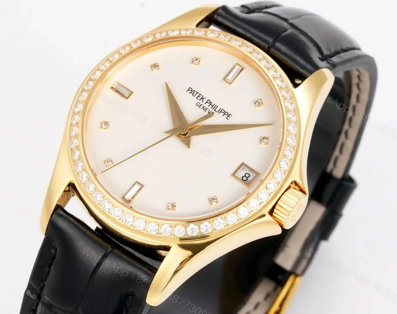 View 5 of Patek Philippe Calatrava Diamond Watch Gold Case Leather Strap Ultimate 37MM PP-CALA-DIA-GOLD37