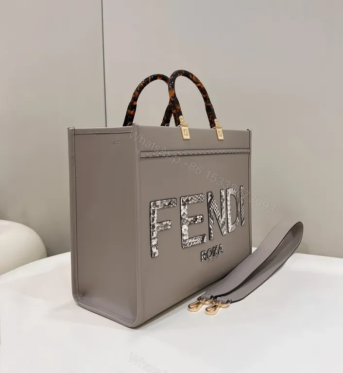 View 3 of Taupe Structured Tote with Fendi Flair â€” Crystal Logo Carryall