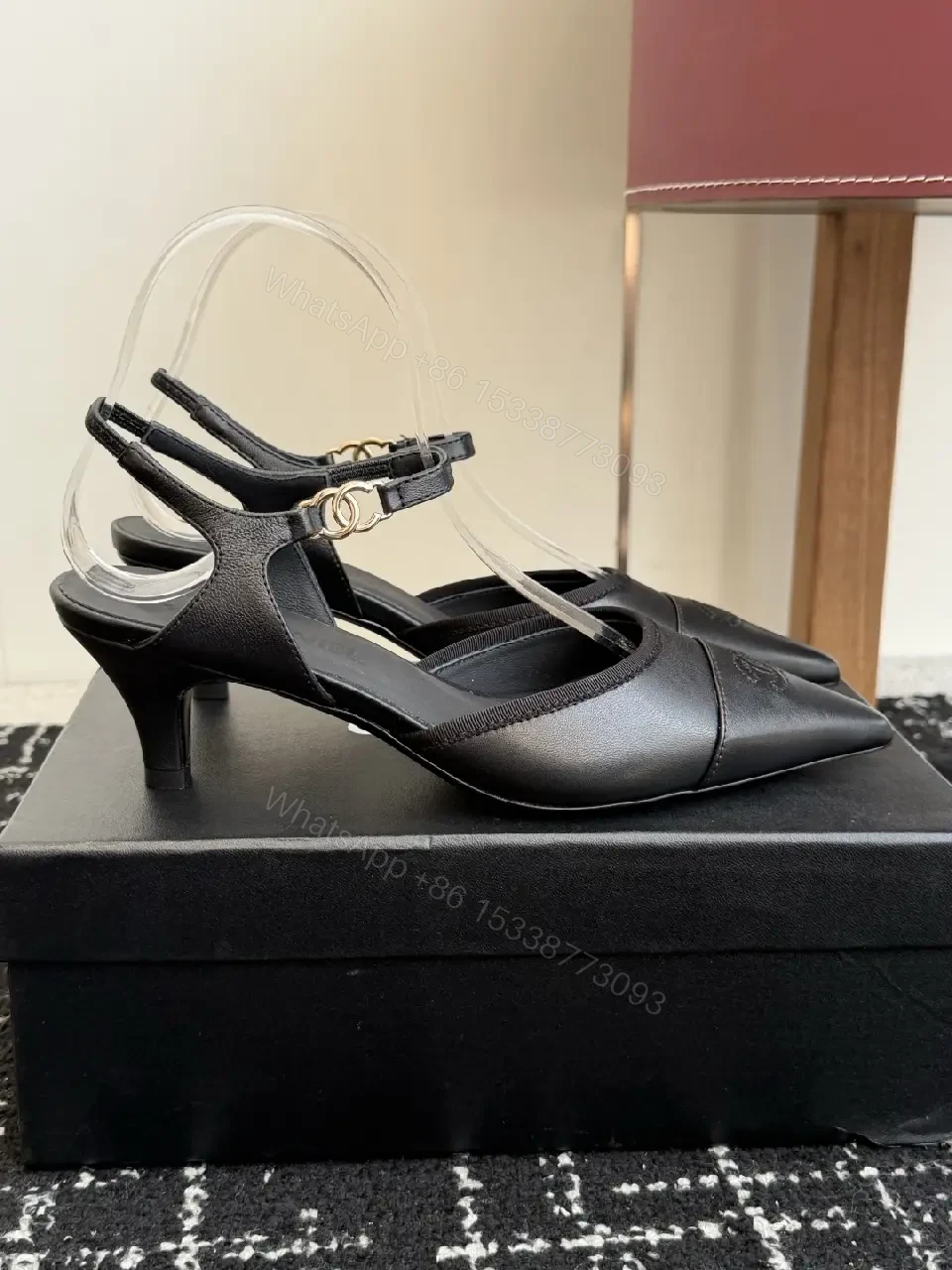 View 5 of Black Leather Sandal Heels with Chanel Logo, Slingback Style
