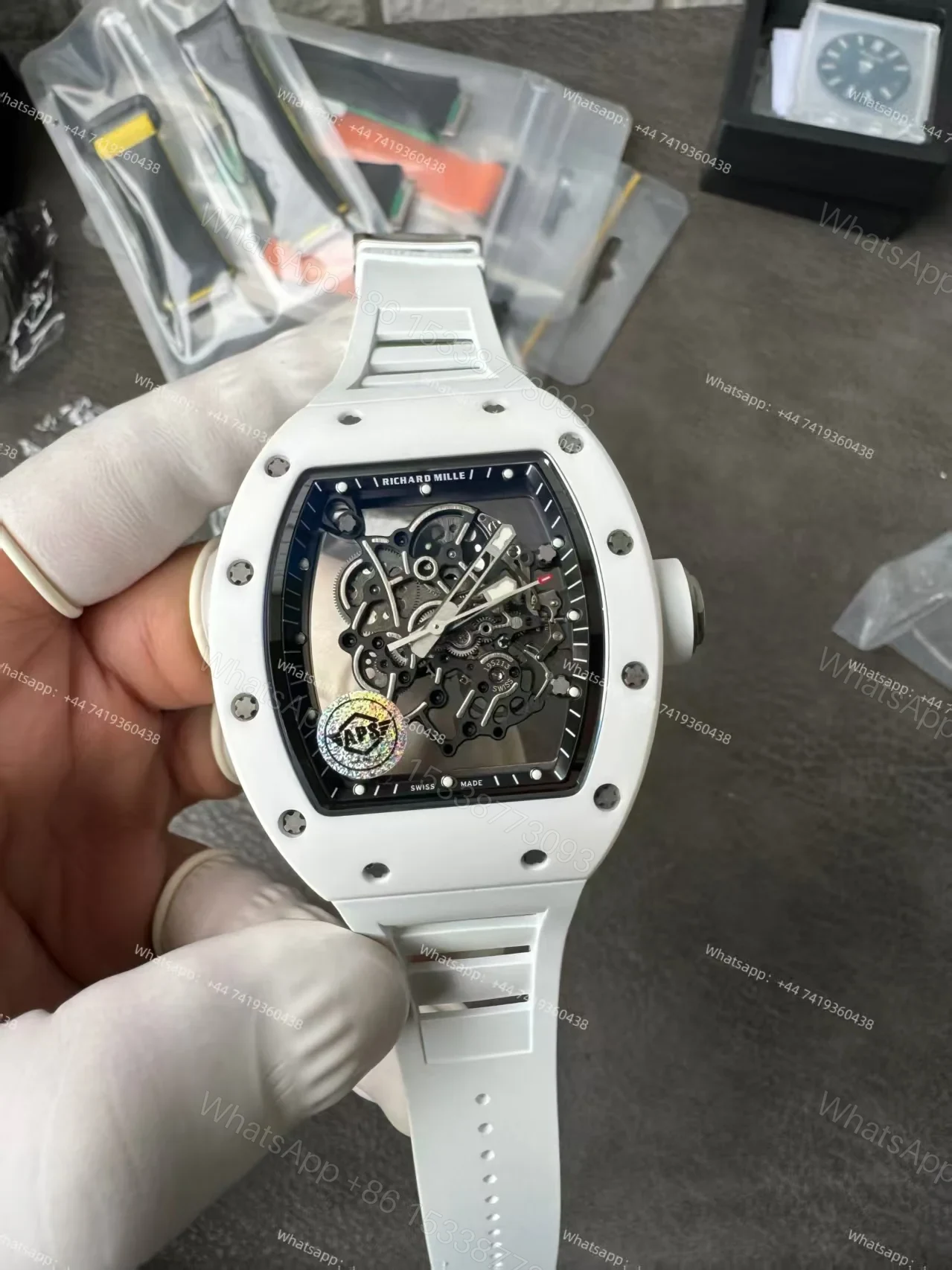 View 3 of Super Clone Richard Mille RM 055 White Ceramic Titanium Skeleton White Rubber Strap 1:1 Replica Watch