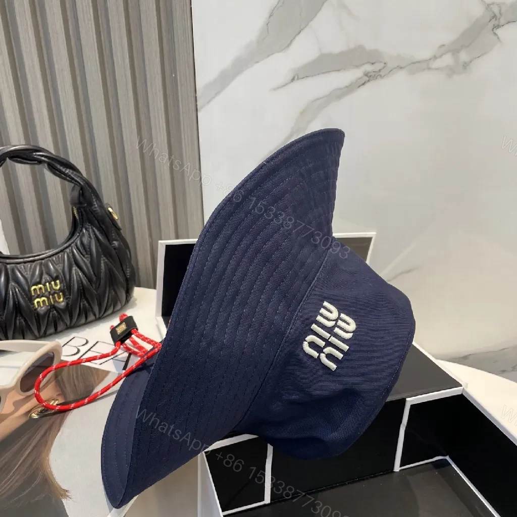 View 4 of Navy Wide-Brim Bucket Hat with Embroidered Logo
