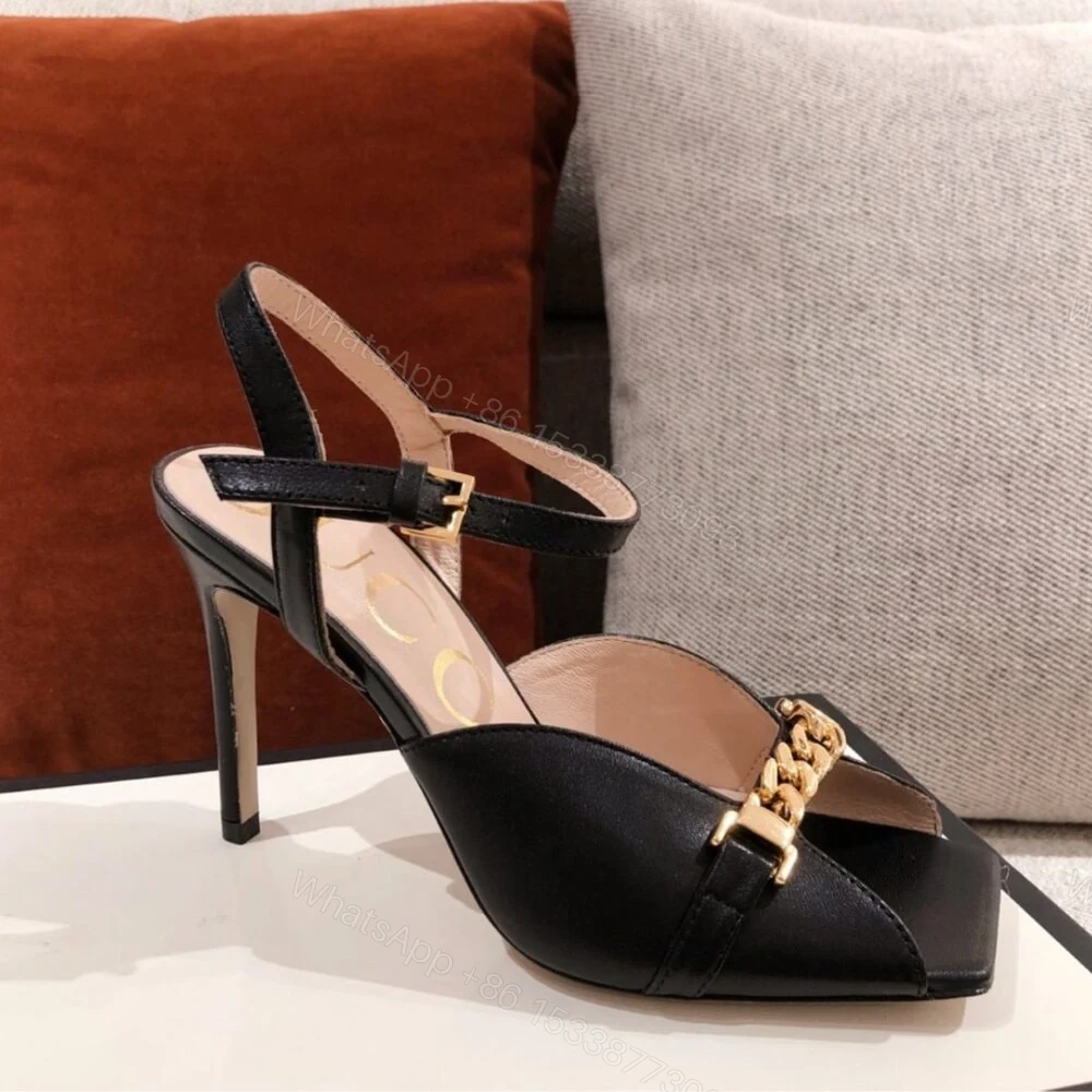 View 6 of Gucci Ankle Buckle Strap Sylvie Chain Sandals In Black