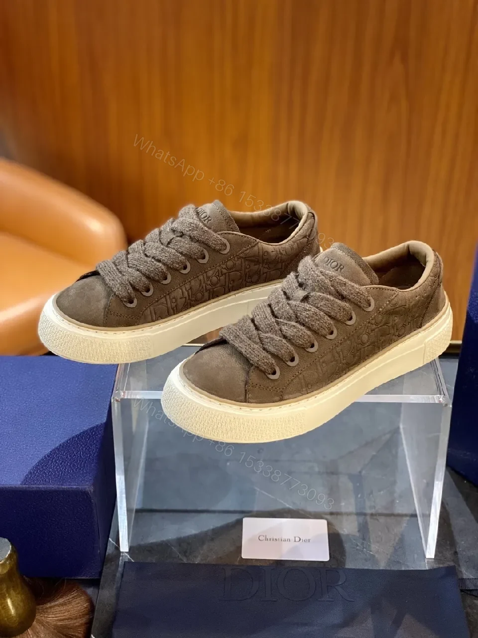 View 2 of Brown Leather Embossed Low-Top Sneakers with Gum Sole