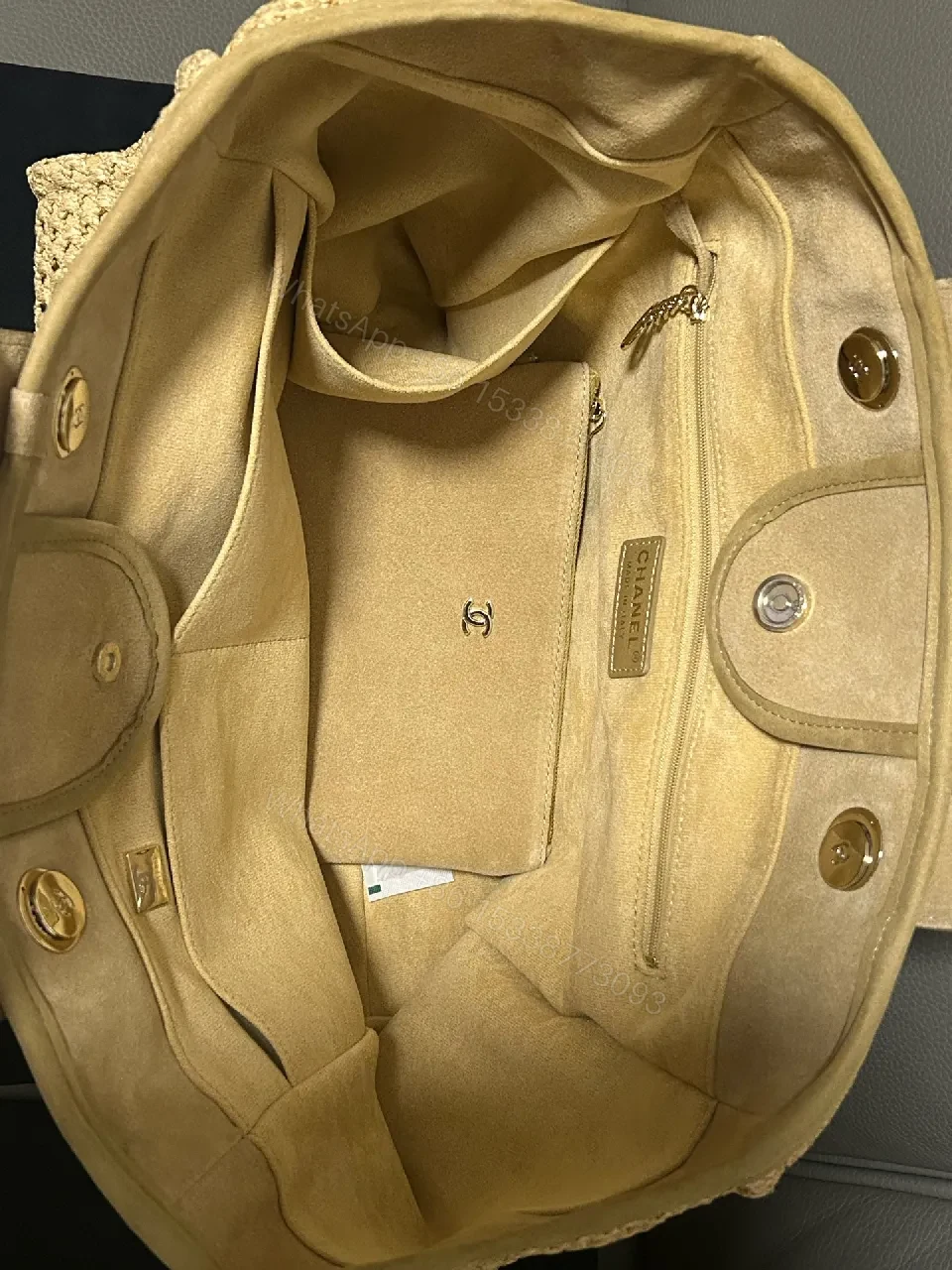 View 3 of Natural Straw Tote in Beige with Leather Trim, CHANEL-Embossed, Open-Top Tote