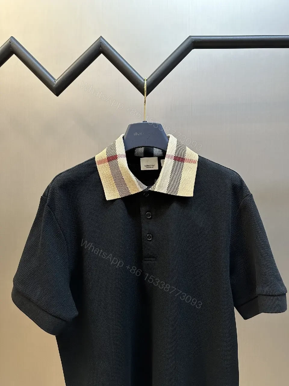 View 5 of Textured Knit Polo with Plaid Collar, All-Season Luxury polo