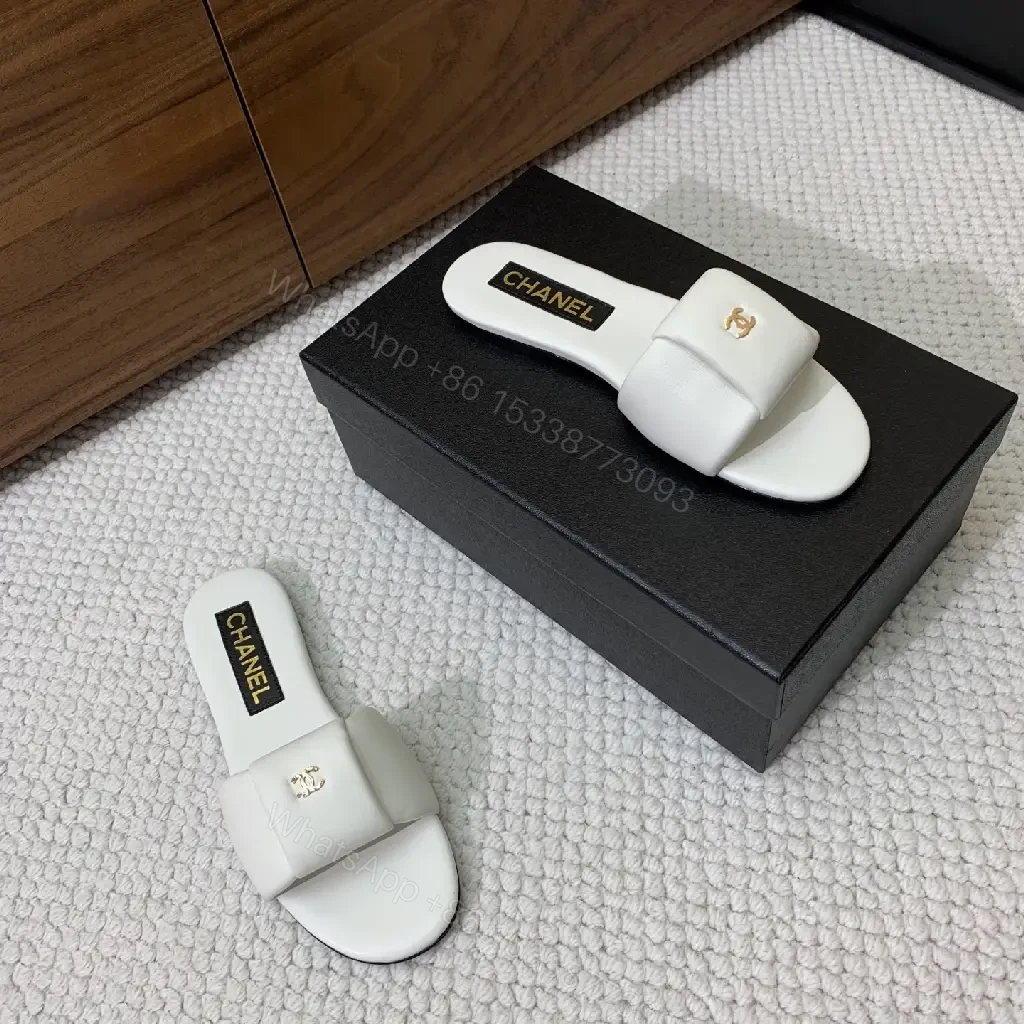View 9 of White Leather Chanel-Logo Slide Sandals