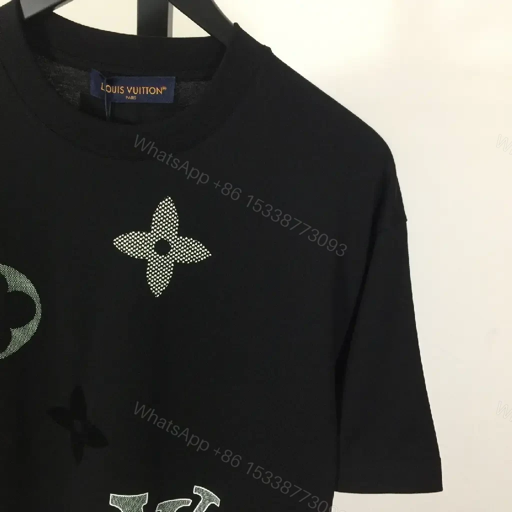 View 7 of Oversized Black Graphic Tee with LV-Inspired Monograms and Detail