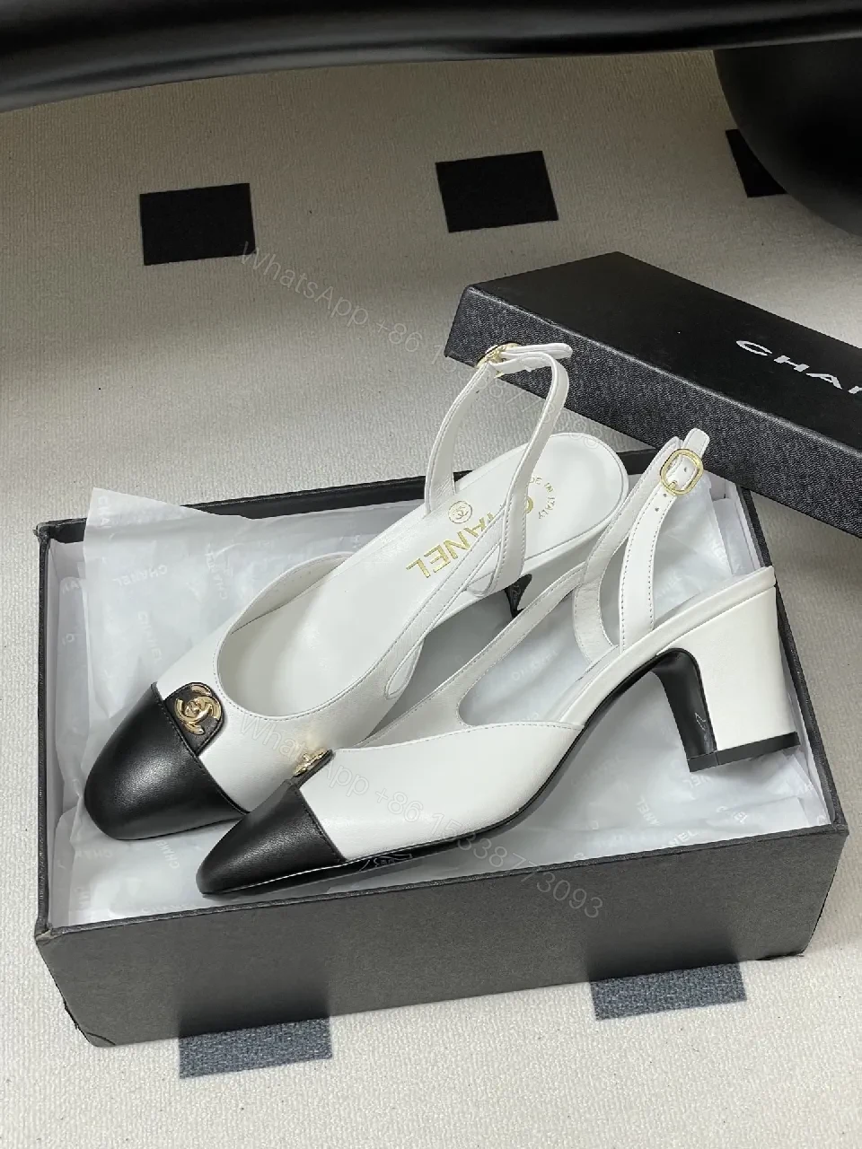 View 4 of Two-Tone Slingback Heels with Gold Logo Accent