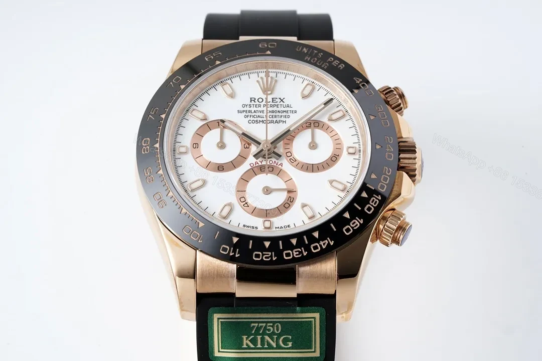 View 2 of Clean Factory KING ROLEX Daytona Rose Gold White Dial Rubber Strap Watch – Premium Replica with 7750 Movement