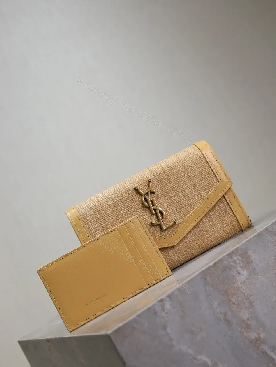 View 5 of Chic Straw Crossbody Set with Leather Trim Cardholder