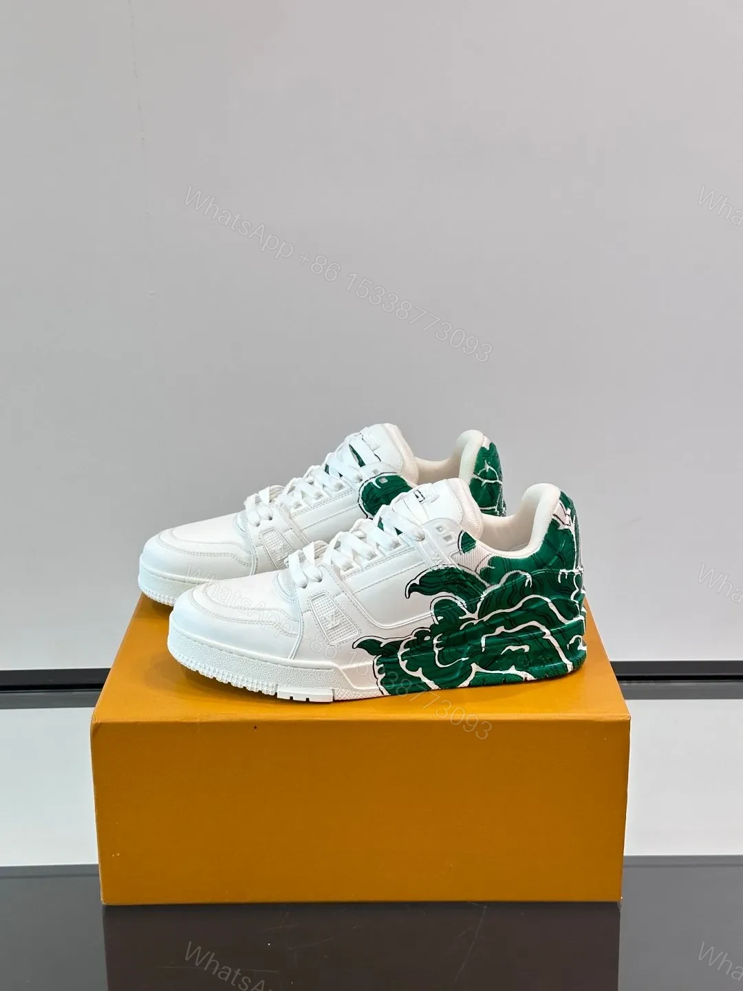 View 3 of LV Men White Leather Sneakers With Green Graphic