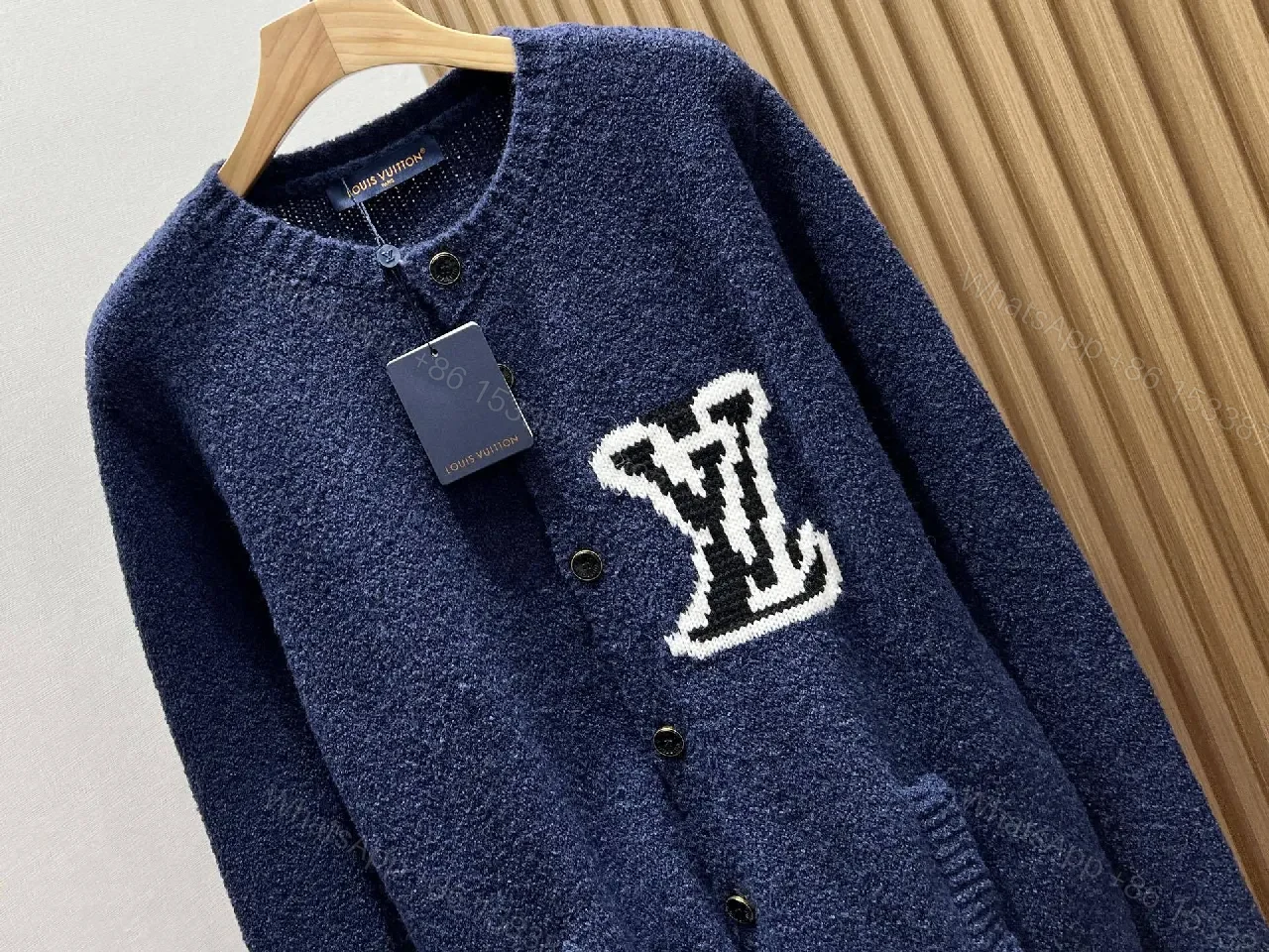 View 8 of Textured Knit Cardigan Navy Bouclé Monogram Accent Luxury Knitwear