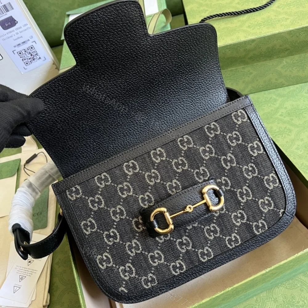View 6 of SUMMER SET: GUCCI HORSEBIT 1955 ORIGINAL GG SHOULDER BAG BLACK IVORY & GG DENIM BASEBALL HAT BLACK