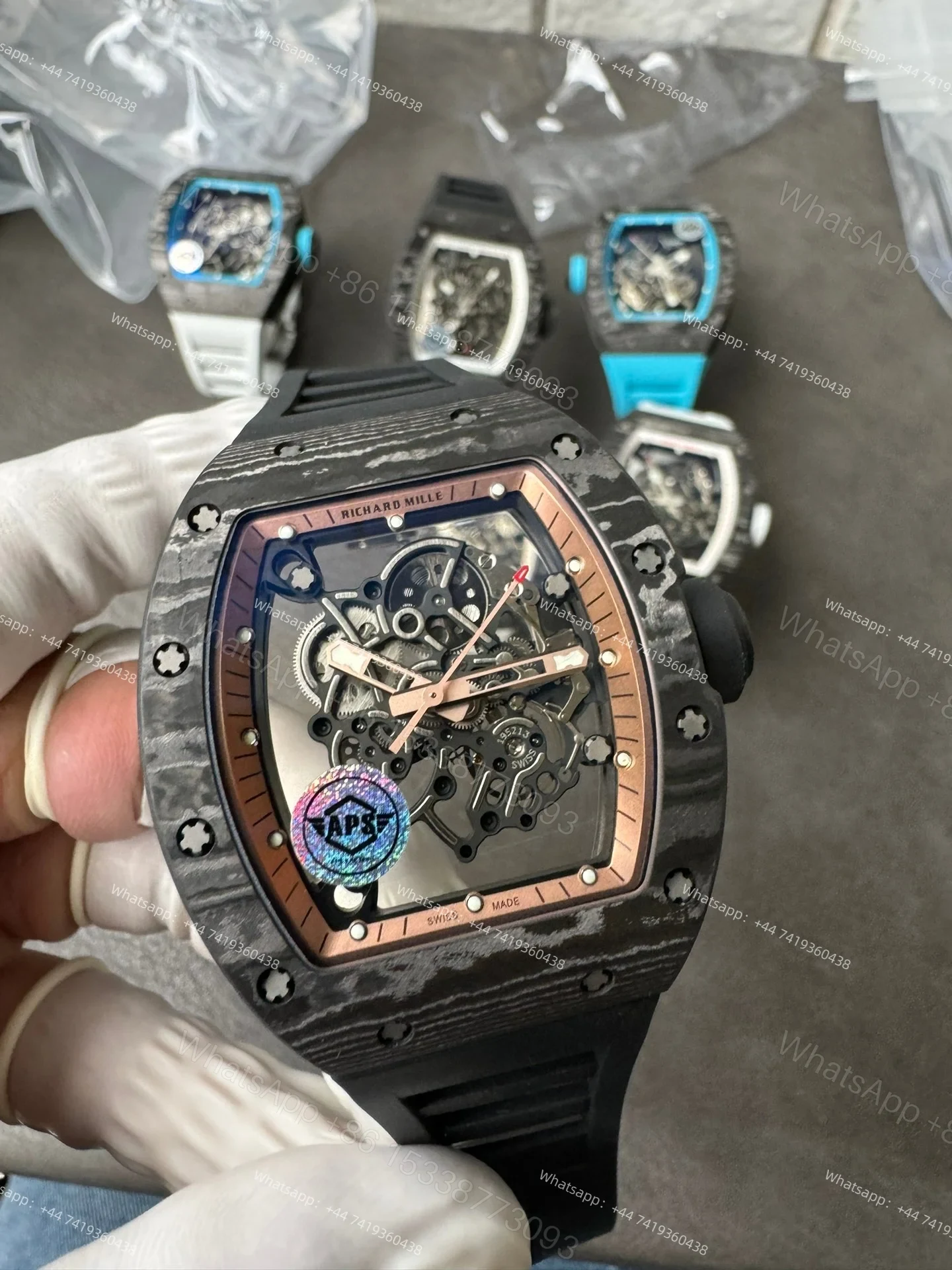 View 10 of Super Clone Richard Mille RM 055 Carbon TPT Rose Gold Skeleton 1:1 Replica Watch