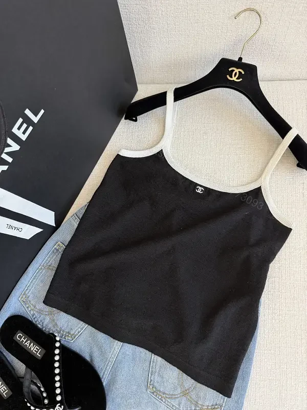 Black Top with White Trim Sleeveless Camisole - Chanel Logo Detail — view 1