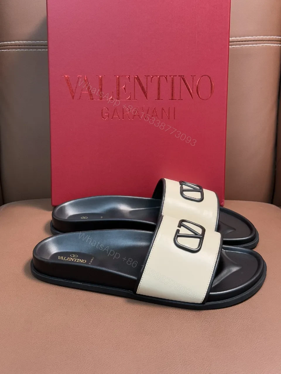 View 5 of Beige PU Slide Sandals with Logo Hardware and Arch Support
