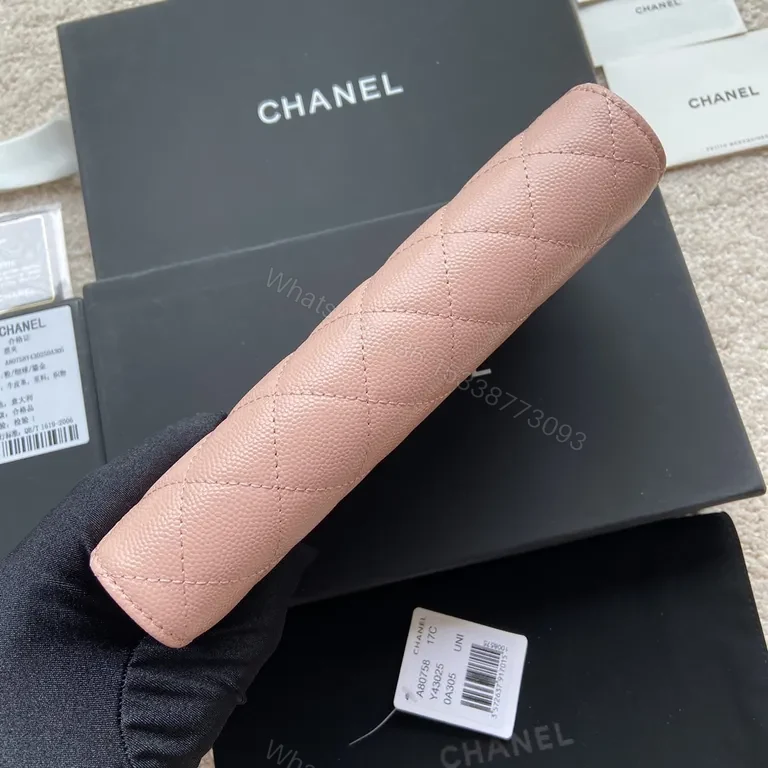 View 7 of Soft Pink Quilted Wallet with Gold Chanel Logo