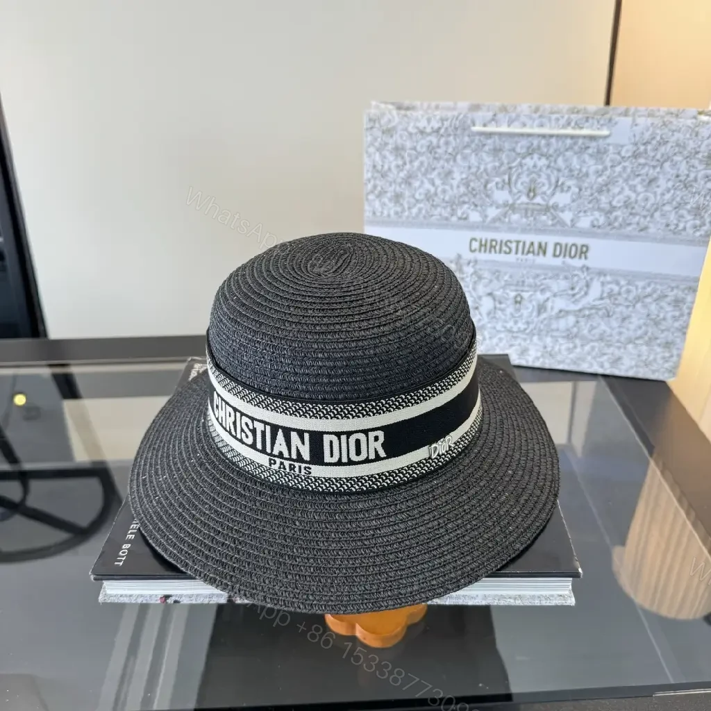View 2 of Black Woven Straw Hat with Ribbon Band, Dior-Inspired Straw Hat