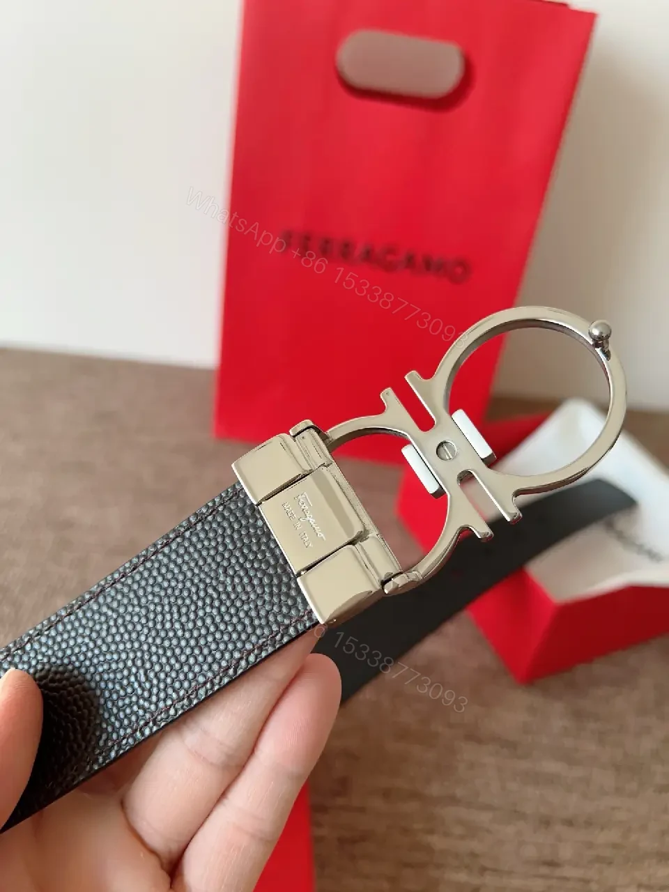 View 9 of Two-Tone Leather Belt with Interlock Buckle – Luxury Everyday Style