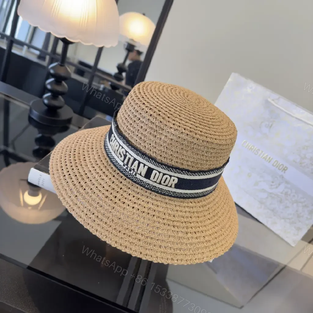 View 3 of Natural Straw Boater Hat with Ribbon Brand Stripe - Dior Inspired